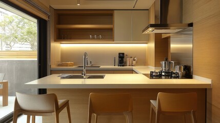 Compact yet stylish Tokyo apartment kitchen, featuring sleek countertops, built-in appliances, and a small breakfast bar.