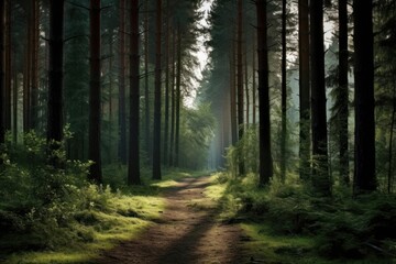 Fototapeta premium Serene forest path with sunlight