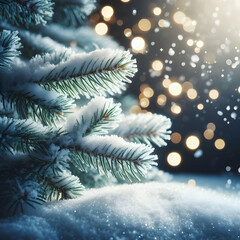 Winter Background Image of Frosted Spruce Branches with Bokeh