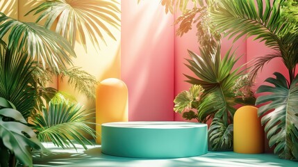 Vibrant Tropical Background with Greenery and Colorful Geometric Shapes in Sunlit Setting