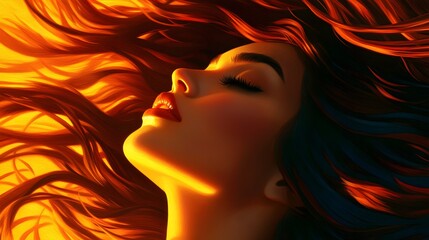 A close-up of a woman's serene face, flowing hair rendered in smooth oil brushstrokes, classical art style, subtle shading, and vibrant color palette.