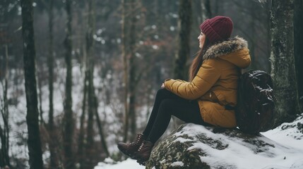 A woman in a yellow jacket enjoys a quiet moment on a snowy rock in the forest during winter