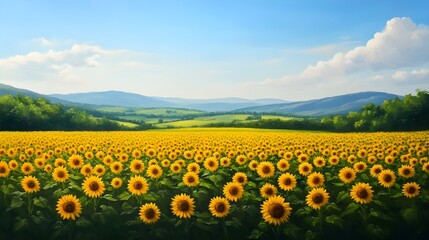 Fototapeta premium A sunflower field painted with lively strokes, bright and bold oil colors, thick textures, natural scene under a clear sky, traditional art style, hand-crafted detail