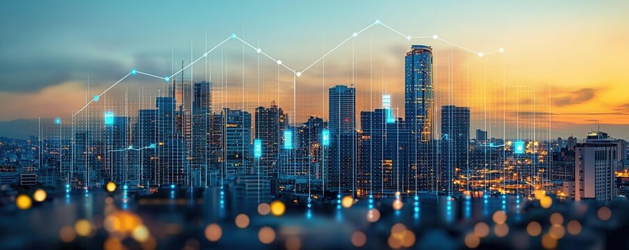 Property market expansion, augmented reality growth graph, symbolic success, modern skyline