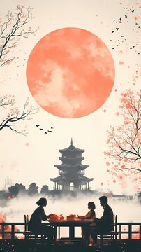 Mid-Autumn Festival illustration of a family eating mooncakes and enjoying the moon outdoors