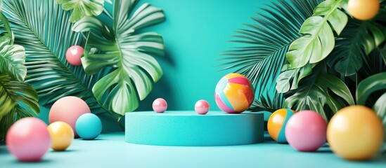 Vibrant Tropical Background with Colorful Balls and Lush Green Leaves on a Turquoise Platform