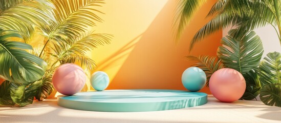 Tropical Summer Background with Palm Leaves and Colorful Spheres on a Sunny Day
