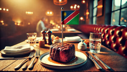 An upscale restaurant table featuring a tender steak, garnished with rosemary and an Namibia flag, set against a cozy, candlelit backdrop