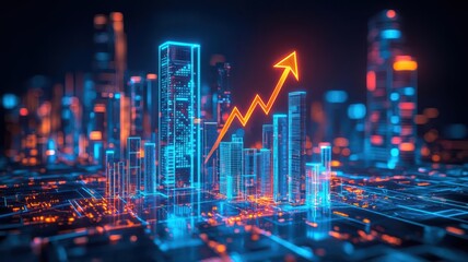 Fototapeta premium Real estate development, holographic growth chart, rising arrow, futuristic city background
