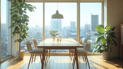 Fototapeta premium A bright Tokyo apartment dining area with a minimalist wooden table, designer chairs, and large windows offering a city view.