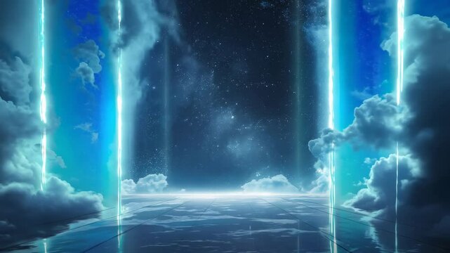 Glowing vertical lines surrounded by moving clouds in a night sky