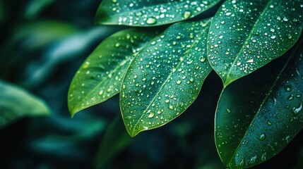 Obraz premium Close-Up of Fresh Green Leaves with Water Droplets in a Lush Natural Setting