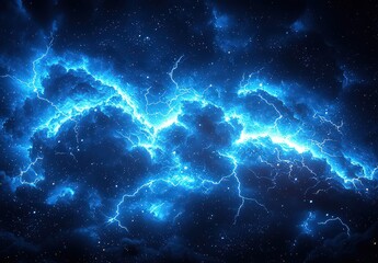 Obraz premium Blue lightning background, electric light effect. Blue thunder lighting in the dark sky with an energy flash, a blue glowing thunderstorm