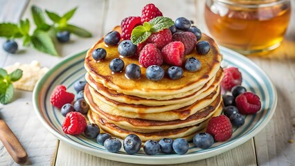 Homemade American Pancakes With Fresh Blueberry