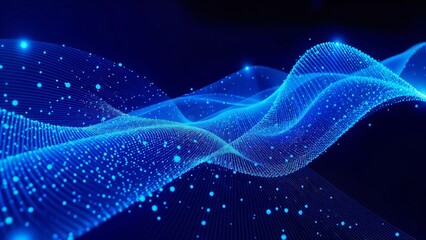 Fototapeta premium Blue digital particles forming wave-like structures, representing data flow and futuristic technology in a cyber-themed design.