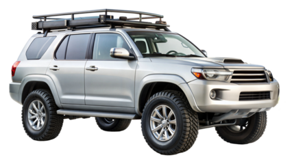 Off-road SUV with roof rack parked outdoors on transparent background