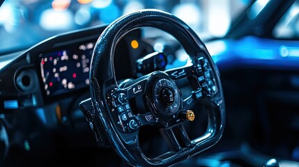 Fototapeta premium Detailed view of a high-tech racing car steering wheel gear shift controls and settings. Interior professional race car drivers technology engineering speed in motorsport competition 