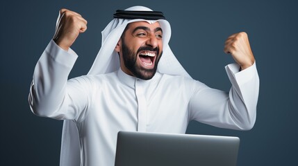 Arab man isolated background celebrating surprised and amazed for success with arms