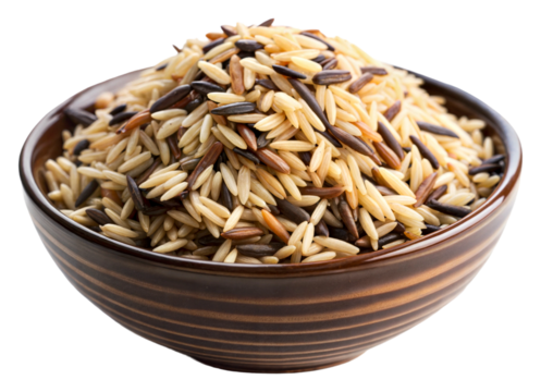 Wild rice blend in wooden bowl on transparent background