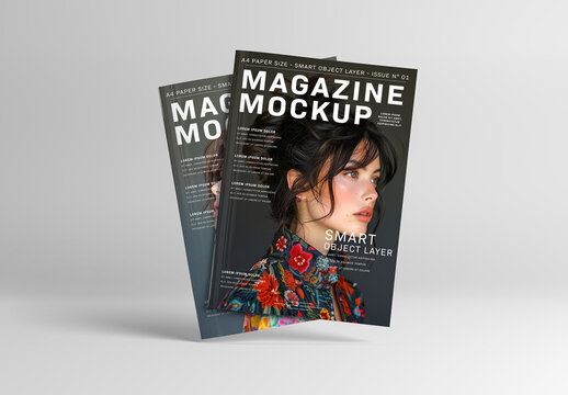 2 Isolated Floating Magazines on White Mockup