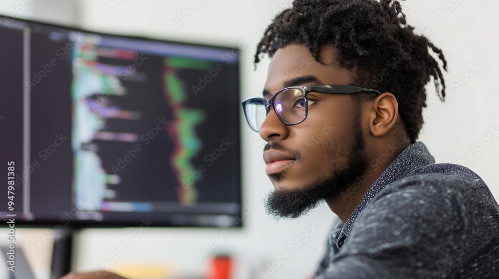 Poster young man focused on coding at a computer setup in a modern workspace during daylight hours