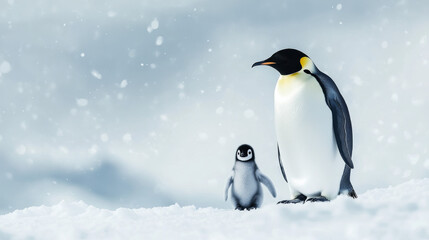 Fototapeta premium A penguin and her cub trying to walk on snow. North Pole. --ar 16:9 --v 6.1 Job ID: 26335b5b-5c68-4f19-bb40-d1dcc1439053