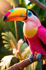 Fototapeta premium Close-up of a vibrant and colorful toucan bird perched on a branch in a tropical rainforest, with lush greens.