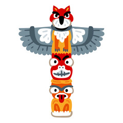 Naklejka premium Native American totem. Wooden object symbol animal plant representation family clan tribe. Traditional totem pole with tiki mask and eagle isolated on a white