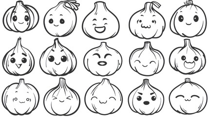 Collection of cute cartoon garlic with various expressions.