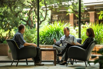 Business meeting in lush garden