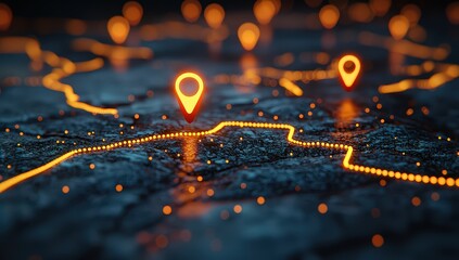 Map with glowing location pins and an orange path line on it. 