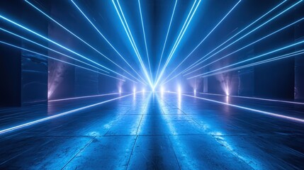 Futuristic Stage Design with Interlocking Laser Lights in Cool Blue and White Tones