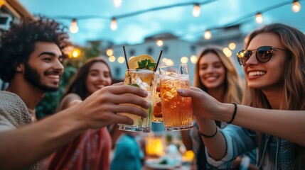 Friends celebrating with drinks outdoors at sunset during a lively summer gathering in a cozy backyard setting