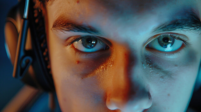 Close-up of a gamer's face, wearing a gaming headset, with a serious expression as they communicate with teammates. - Powered by Adobe