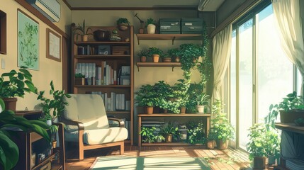 Anime-style corner of a room with a small indoor garden, shelves with potted plants, and a comfortable chair.