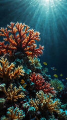 Obraz premium bright sunlight illuminating coral reefs deep underwater background 