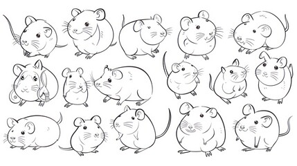 Naklejka premium A collection of cute cartoon mice in various poses, perfect for coloring pages or illustrations.