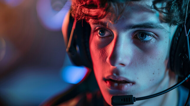 Close-up of a gamer's face, wearing a gaming headset, with a serious expression as they communicate with teammates.