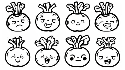 Eight cartoon beetroots with different facial expressions.