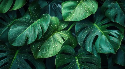 Lush Green Monstera Leaves with Water Droplets - Nature's Freshness and Vibrancy Captured in High Detail