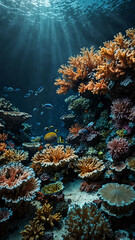 Obraz premium coral outcrops teeming with marine life deep underwater background 