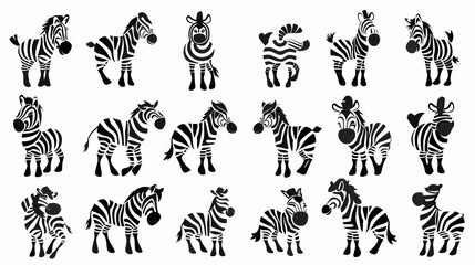 Naklejka premium Collection of black and white zebra silhouettes in various poses.