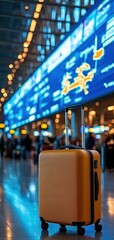 Naklejka premium A modern airport terminal with a yellow suitcase in the foreground and a large digital departure board in the background.