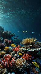 Obraz premium coral reefs sheltering vibrant sea creatures deep underwater background 