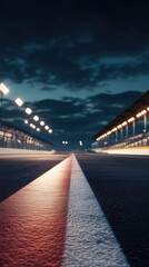 Fast ride on racing track and empty grandstands around asphalt road at night. Professional digital 3d illustration of racing sports