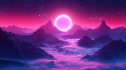 A vibrant purple sun rises over misty mountains at dawn, casting a glow across the landscape and illuminating the serene atmosphere