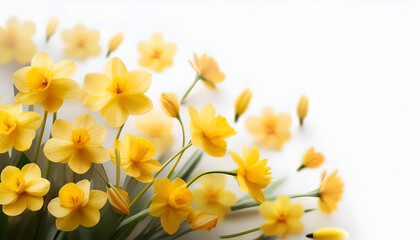 Obraz premium A vibrant arrangement of yellow daffodils on a white background showcasing spring's beauty and freshness