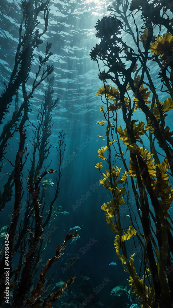 Poster kelp forests swaying with currents deep underwater background 