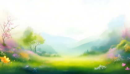 A serene landscape featuring blooming flowers and lush greenery in a tranquil valley under soft morning light