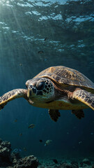 Obraz premium majestic sea turtles gliding gracefully deep underwater background 